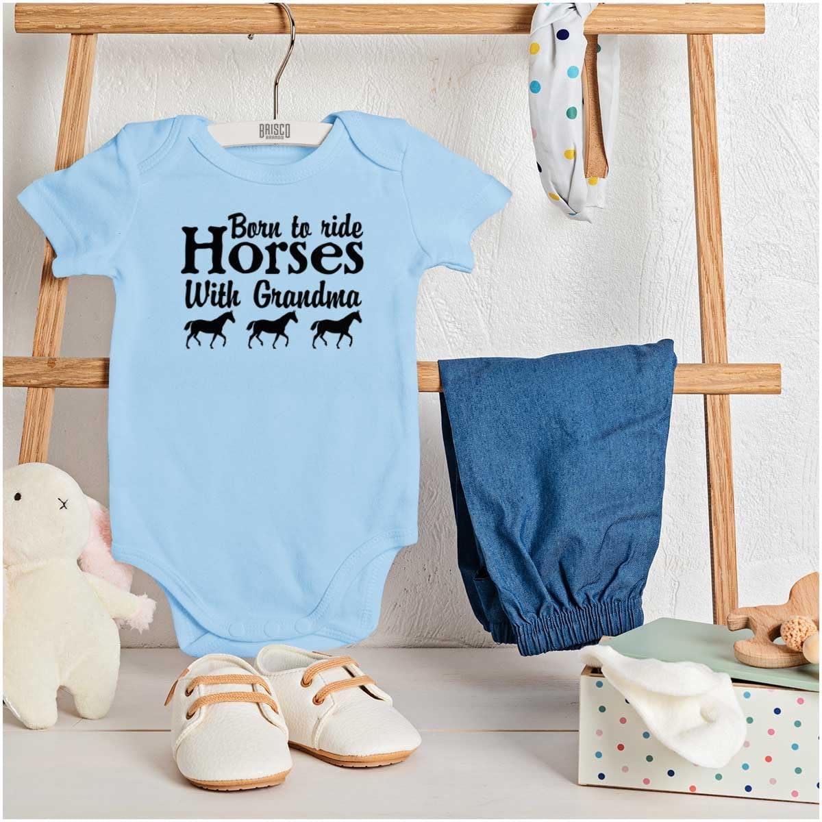 image:imageBorn To Ride Horses With Grandma Baby Romper Boys or GirlsLight Blue