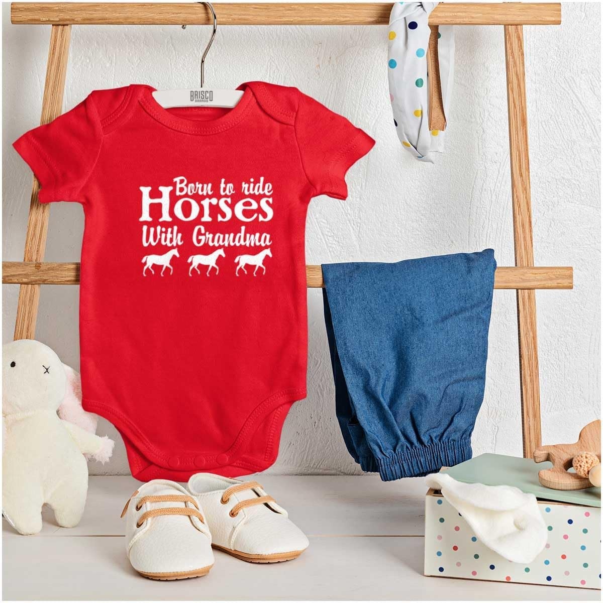 image:imageBorn To Ride Horses With Grandma Baby Romper Boys or GirlsRed