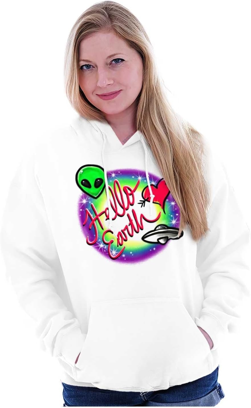 image:imageBrisco Brands Airbrushed Alien UFO Hello Earth Hoodie Sweatshirt WomenWhite