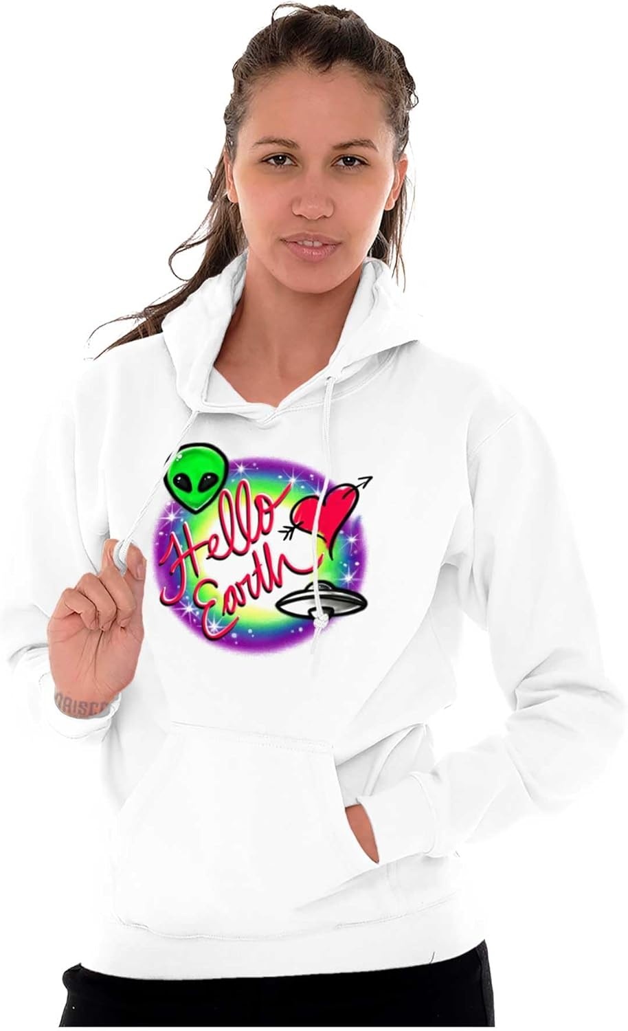 image:imageBrisco Brands Airbrushed Alien UFO Hello Earth Hoodie Sweatshirt WomenWhite