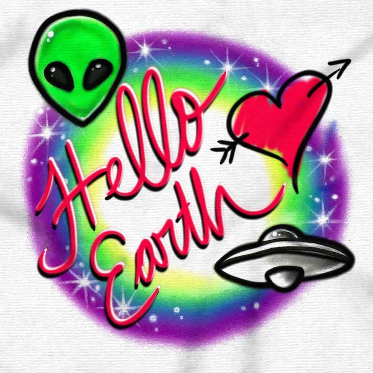 image:imageBrisco Brands Airbrushed Alien UFO Hello Earth Hoodie Sweatshirt WomenWhite
