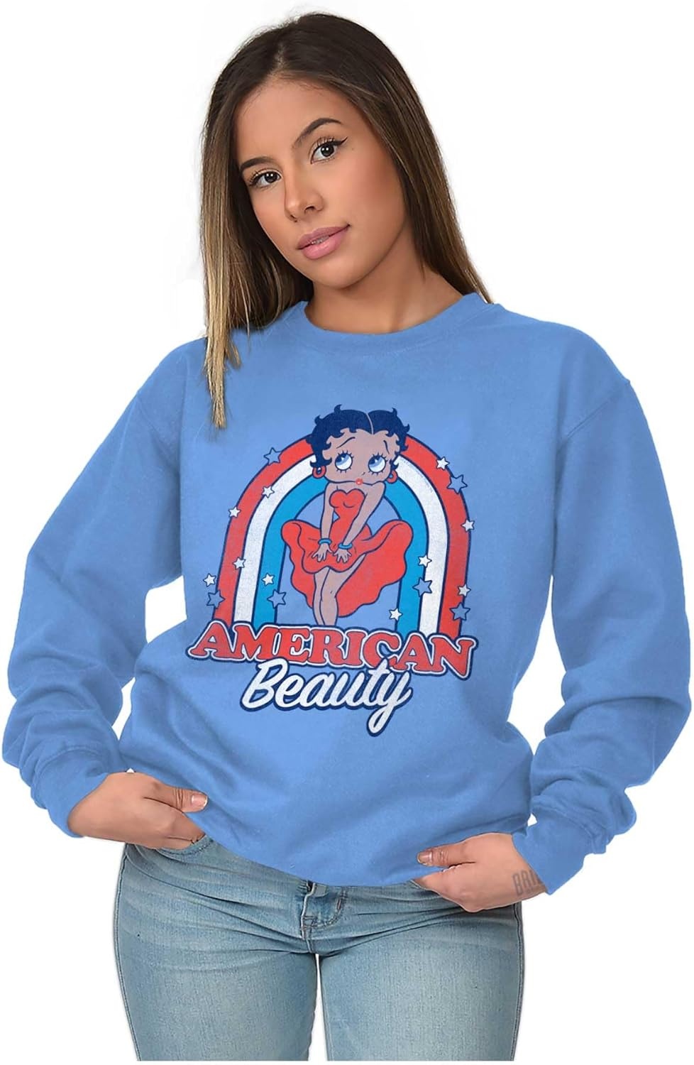 image:imageBrisco Brands Betty Boop Cartoon American Beauty Women Crewneck SweatshirtCarolina Blue
