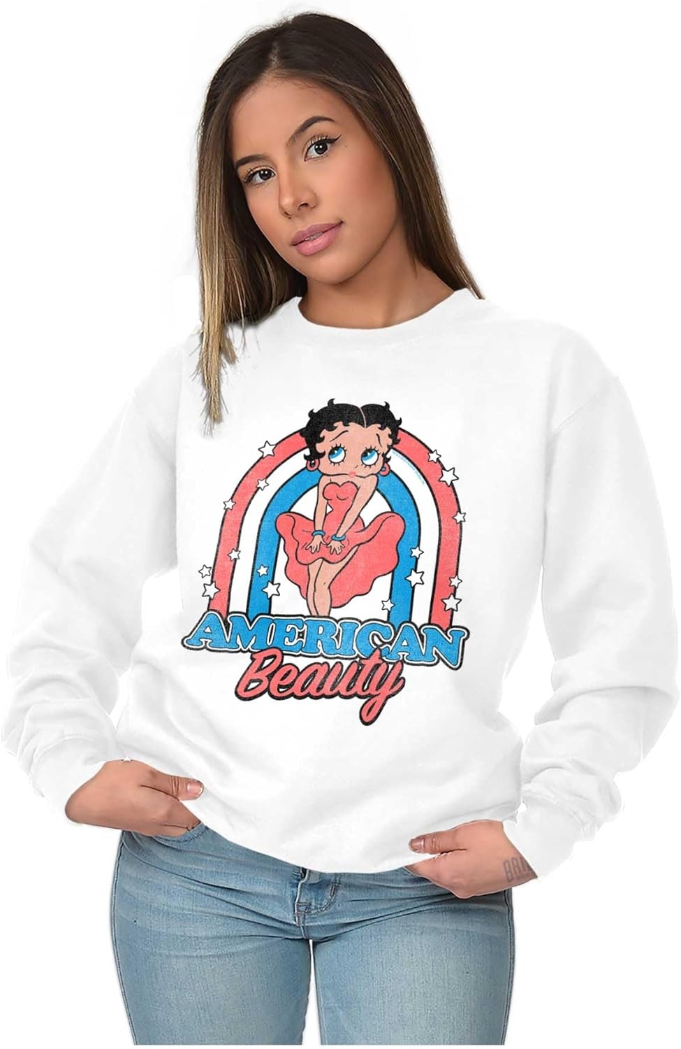image:imageBrisco Brands Betty Boop Cartoon American Beauty Women Crewneck SweatshirtWhite