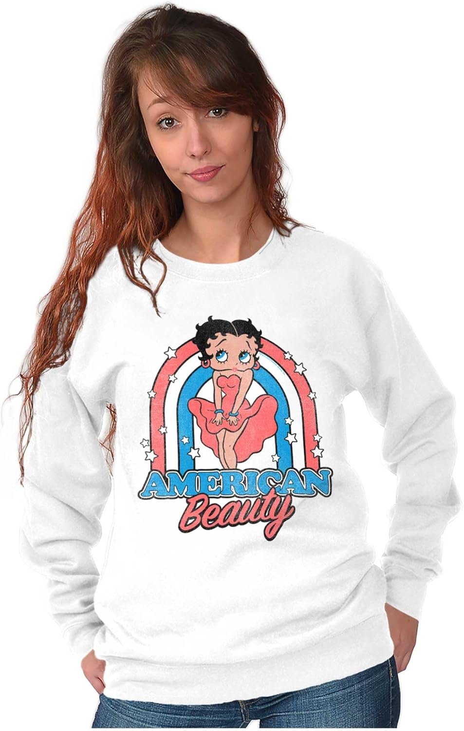 image:imageBrisco Brands Betty Boop Cartoon American Beauty Women Crewneck SweatshirtWhite