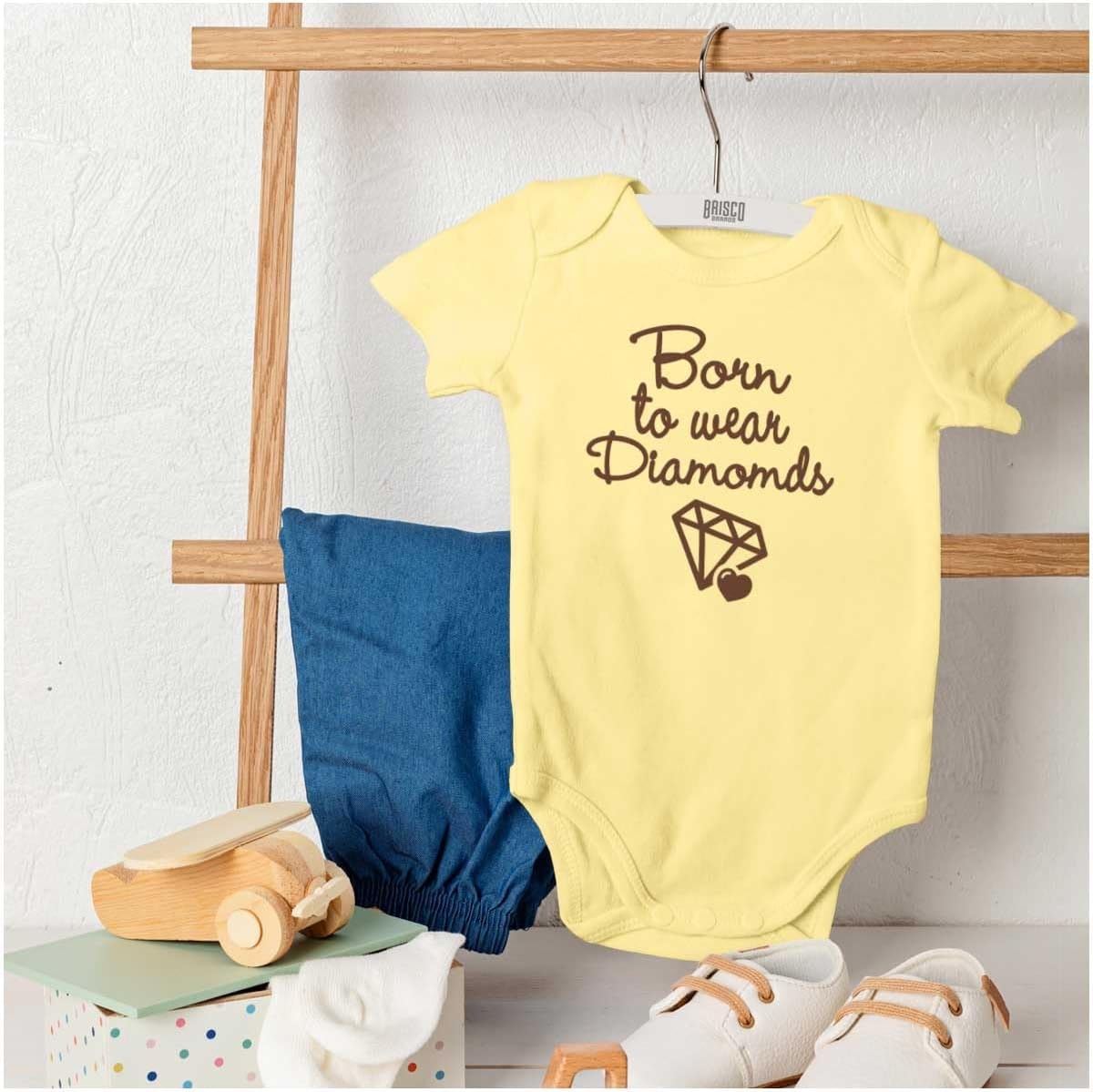 image:imageBrisco Brands Born To Wear Diamonds Cute Cursive Baby Bodysuit Jumper GirlsBanana