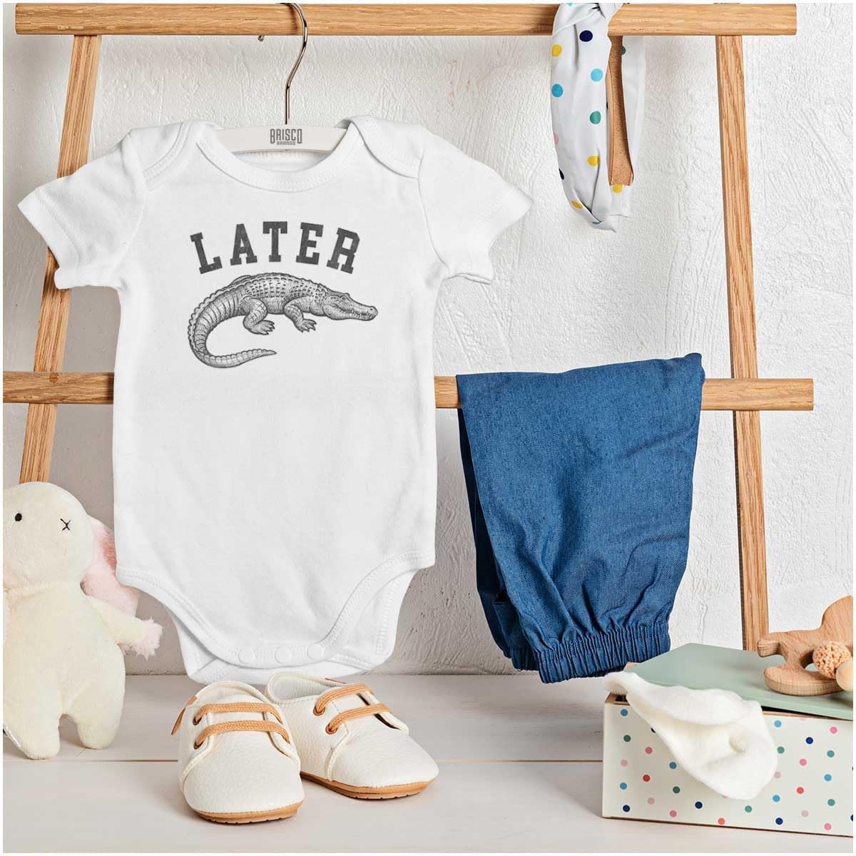 image:imageBrisco Brands Funny Later Alligator Animal Pun Baby Romper Boys or GirlsWhite