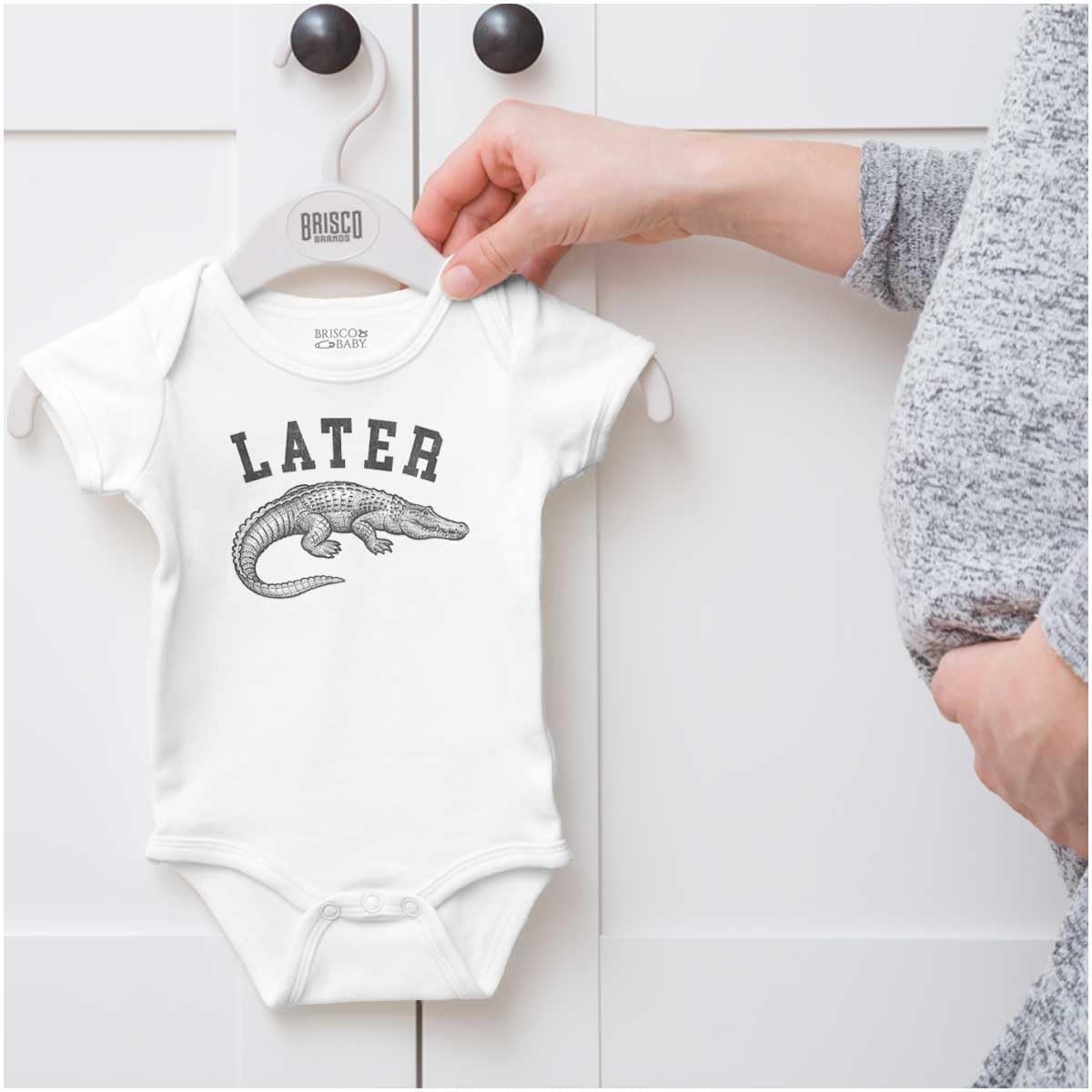 image:imageBrisco Brands Funny Later Alligator Animal Pun Baby Romper Boys or GirlsWhite