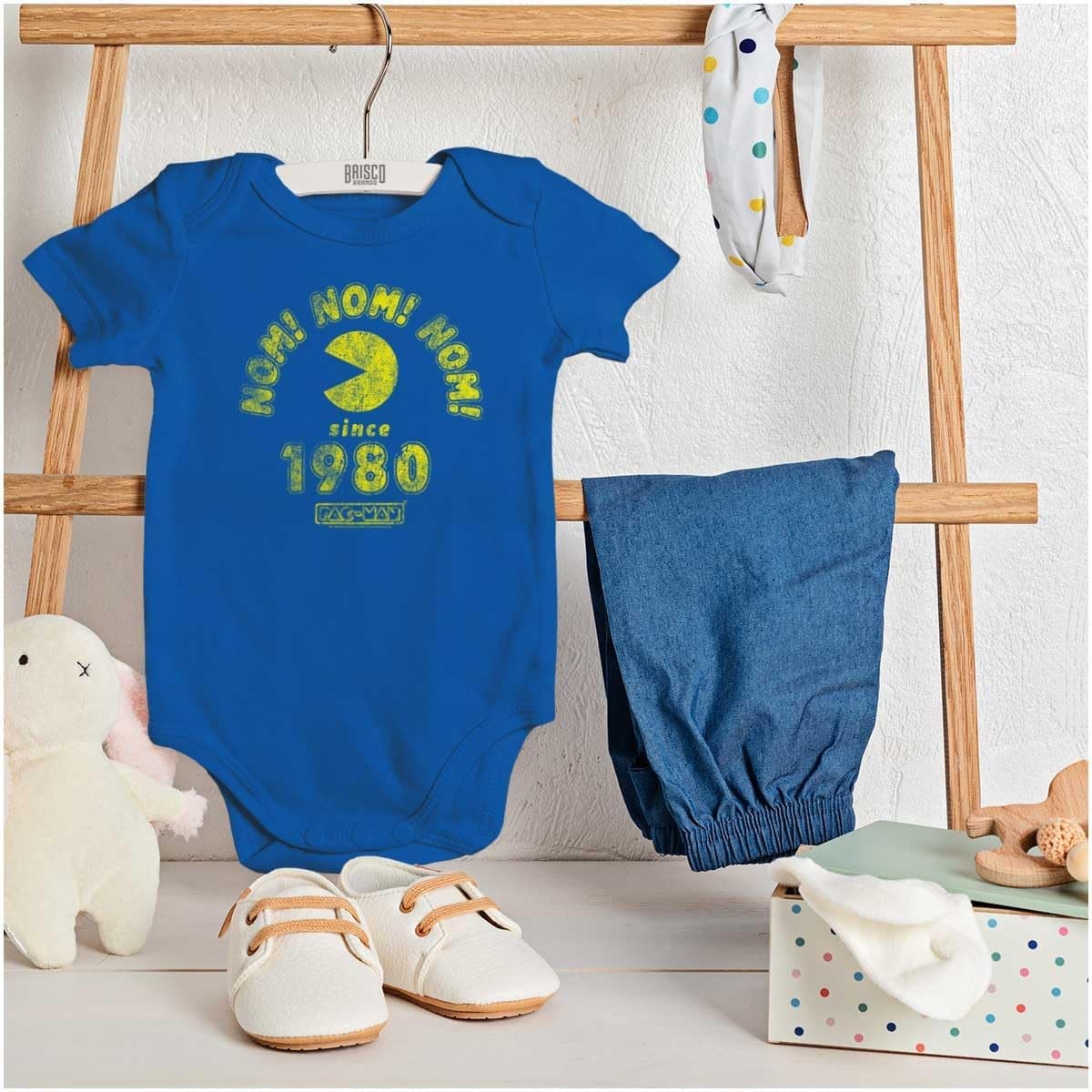image:imageBrisco Brands PACMAN 80s Arcade Game Nom Nom Baby Romper Boys or GirlsRoyal