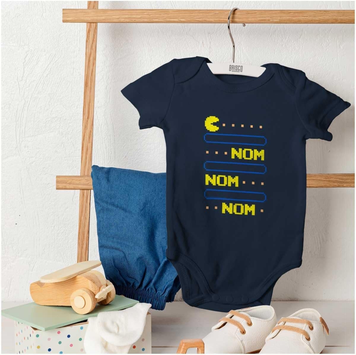 image:imageBrisco Brands PACMAN Nom Nom Hungry Foodie Gamer Baby Romper Boys or GirlsNavy