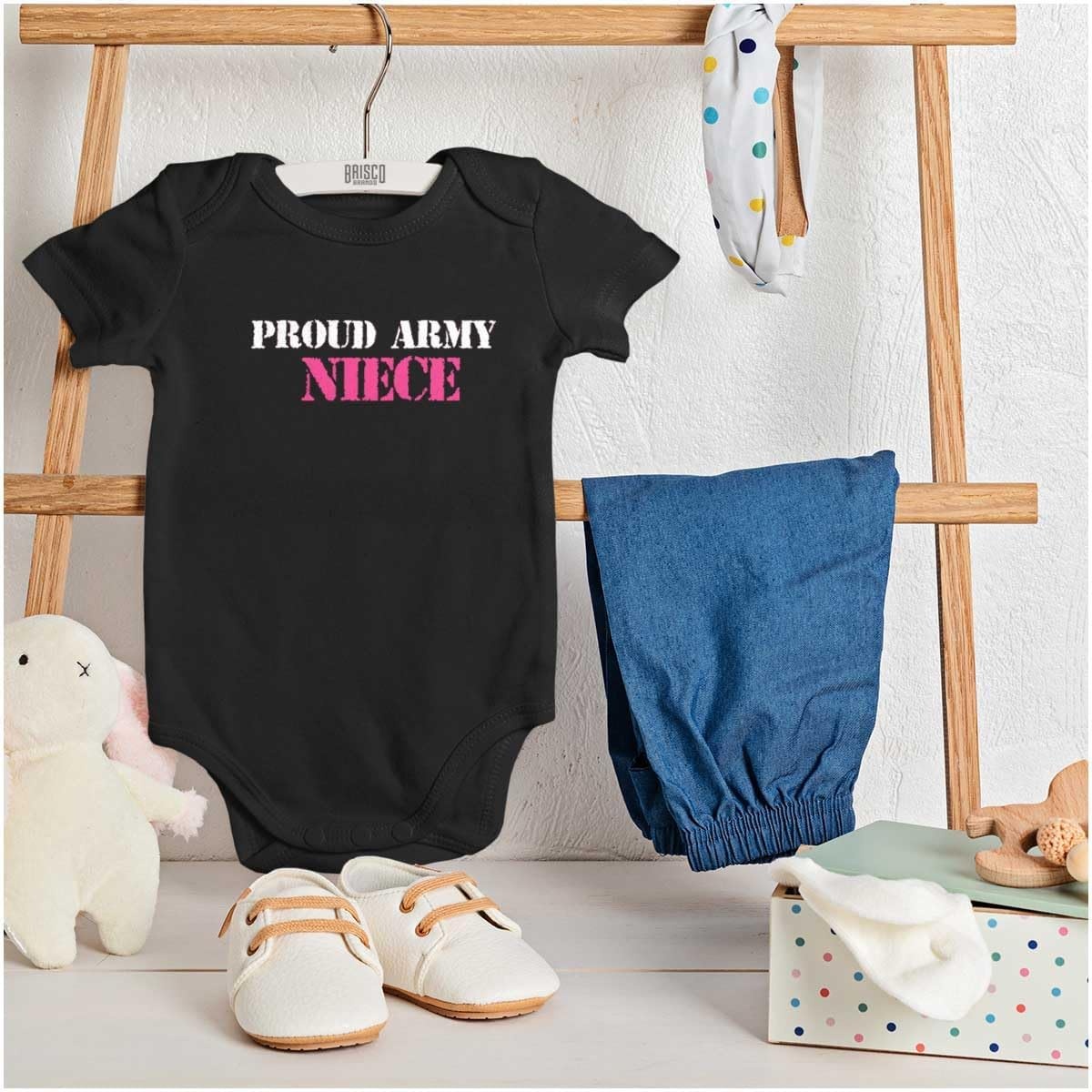 image:imageBrisco Brands Proud Army Niece Military Family Baby Bodysuit Jumper GirlsBlack