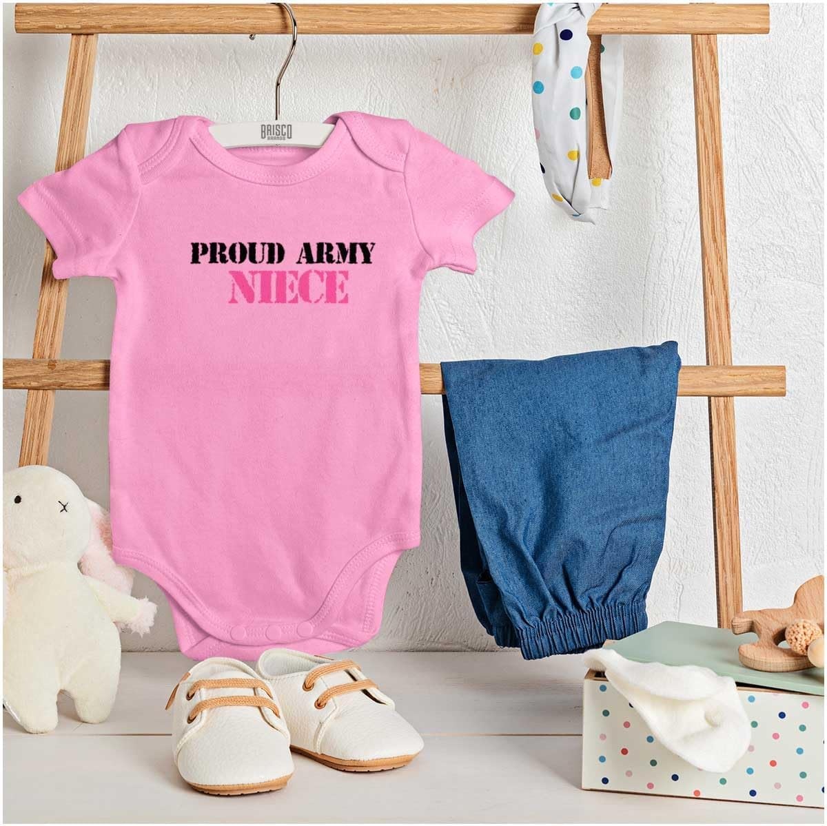 image:imageBrisco Brands Proud Army Niece Military Family Baby Bodysuit Jumper GirlsPink