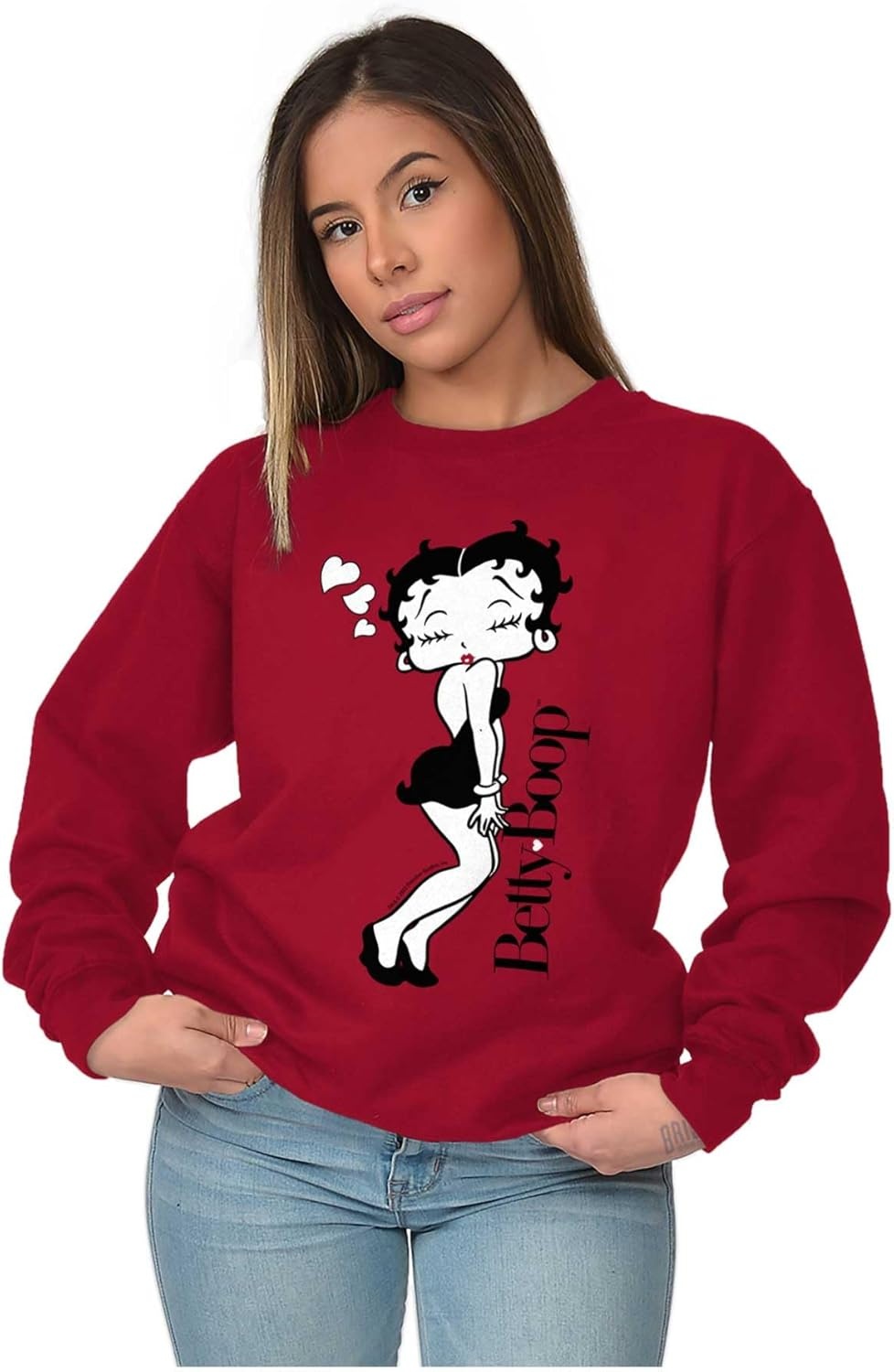 image:imageBrisco Brands Retro Betty Boop Cartoon Love Kisses Women Crewneck SweatshirtCardinal Red