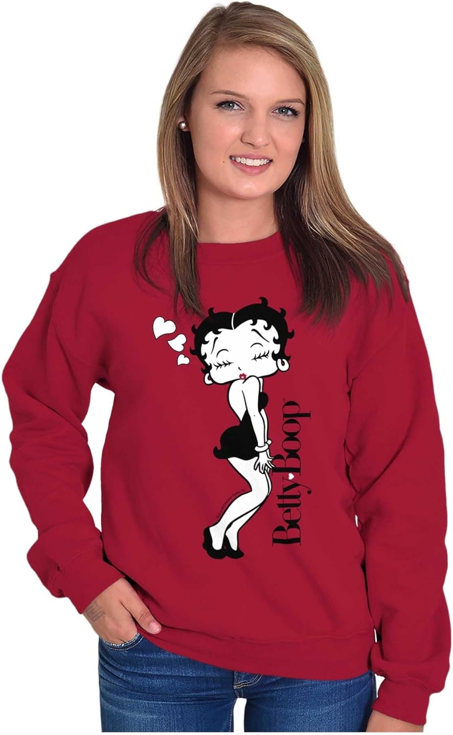 image:imageBrisco Brands Retro Betty Boop Cartoon Love Kisses Women Crewneck SweatshirtCardinal Red