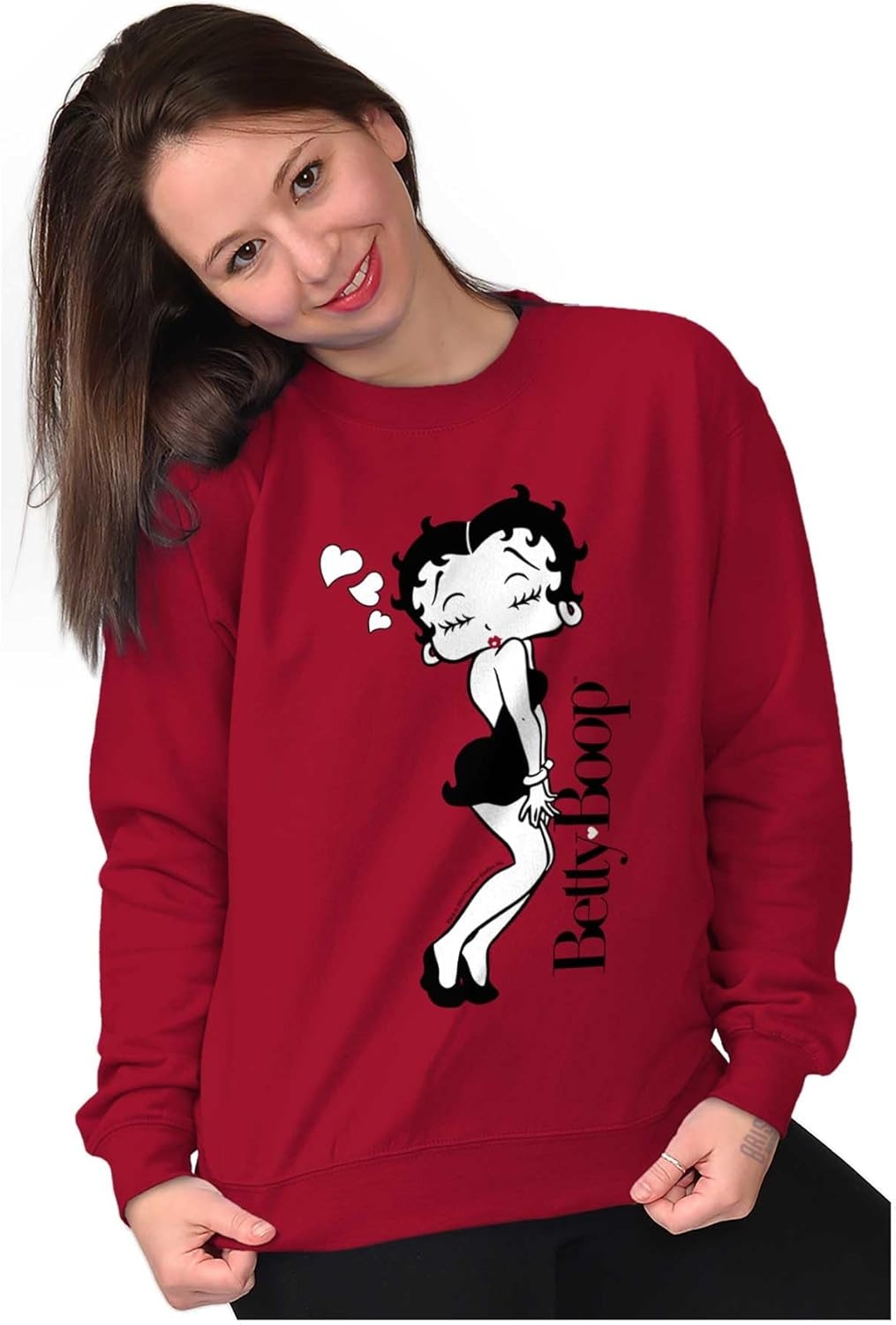 image:imageBrisco Brands Retro Betty Boop Cartoon Love Kisses Women Crewneck SweatshirtCardinal Red