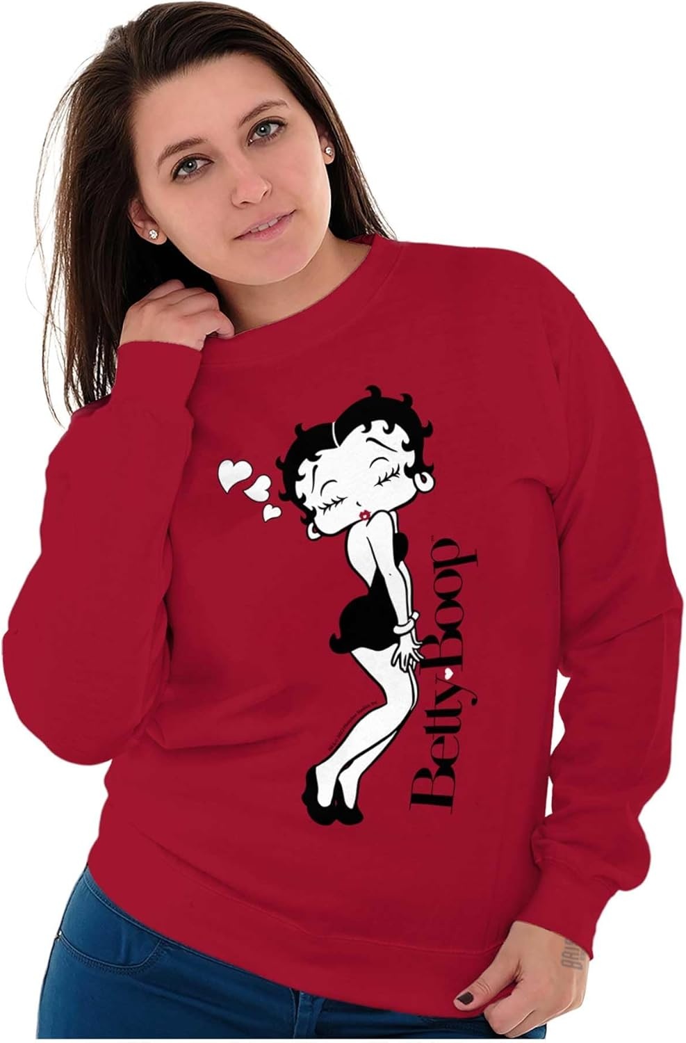 image:imageBrisco Brands Retro Betty Boop Cartoon Love Kisses Women Crewneck SweatshirtCardinal Red