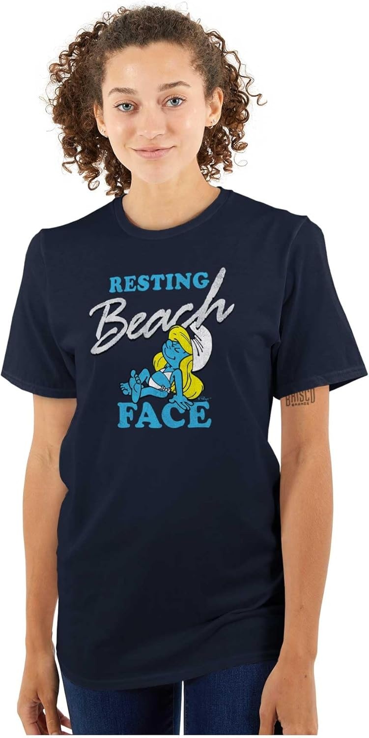 image:imageBrisco Brands Smurfette Resting Beach Face Smurfs Womens Graphic T Shirt TeesNavy