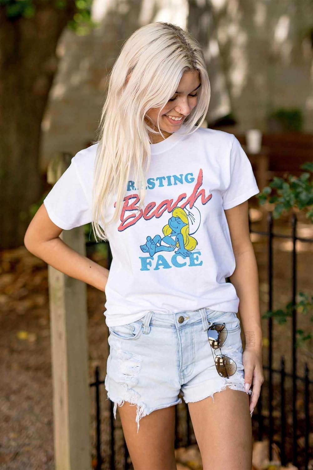 image:imageBrisco Brands Smurfette Resting Beach Face Smurfs Womens Graphic T Shirt TeesWhite