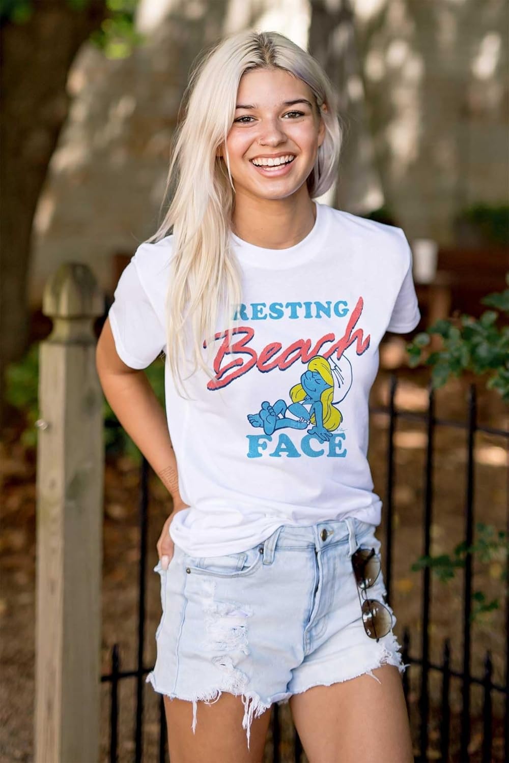 image:imageBrisco Brands Smurfette Resting Beach Face Smurfs Womens Graphic T Shirt TeesWhite