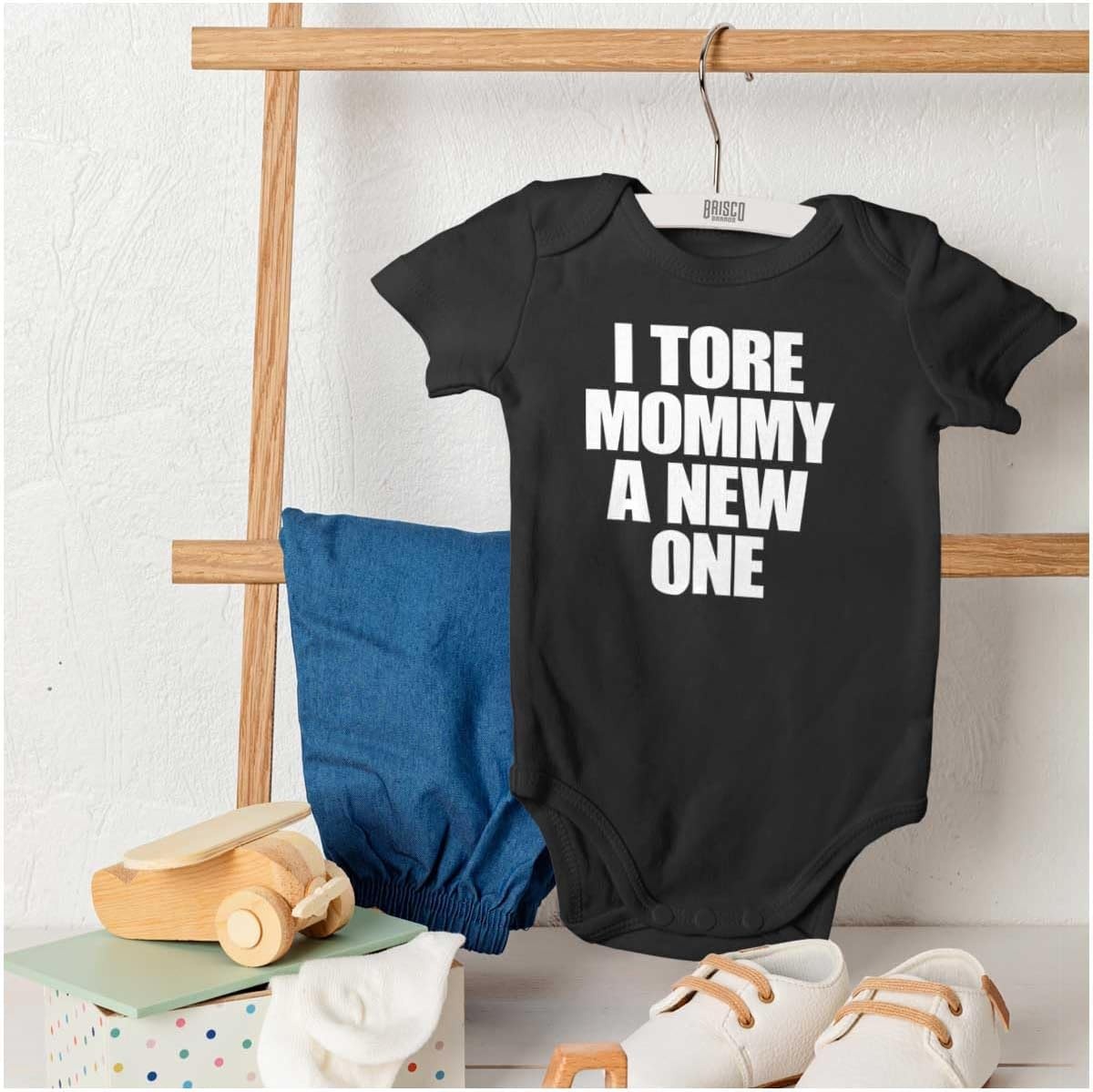 image:imageBrisco Brands Tore Mommy A New One Funny Humor Baby Romper Boys or GirlsBlack