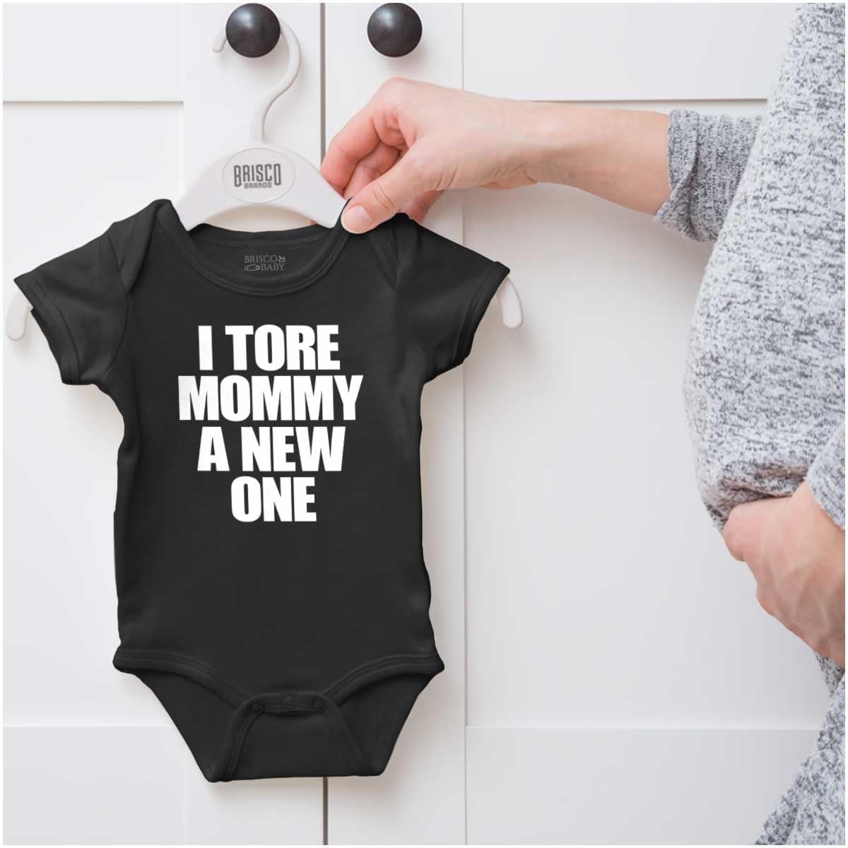 image:imageBrisco Brands Tore Mommy A New One Funny Humor Baby Romper Boys or GirlsBlack