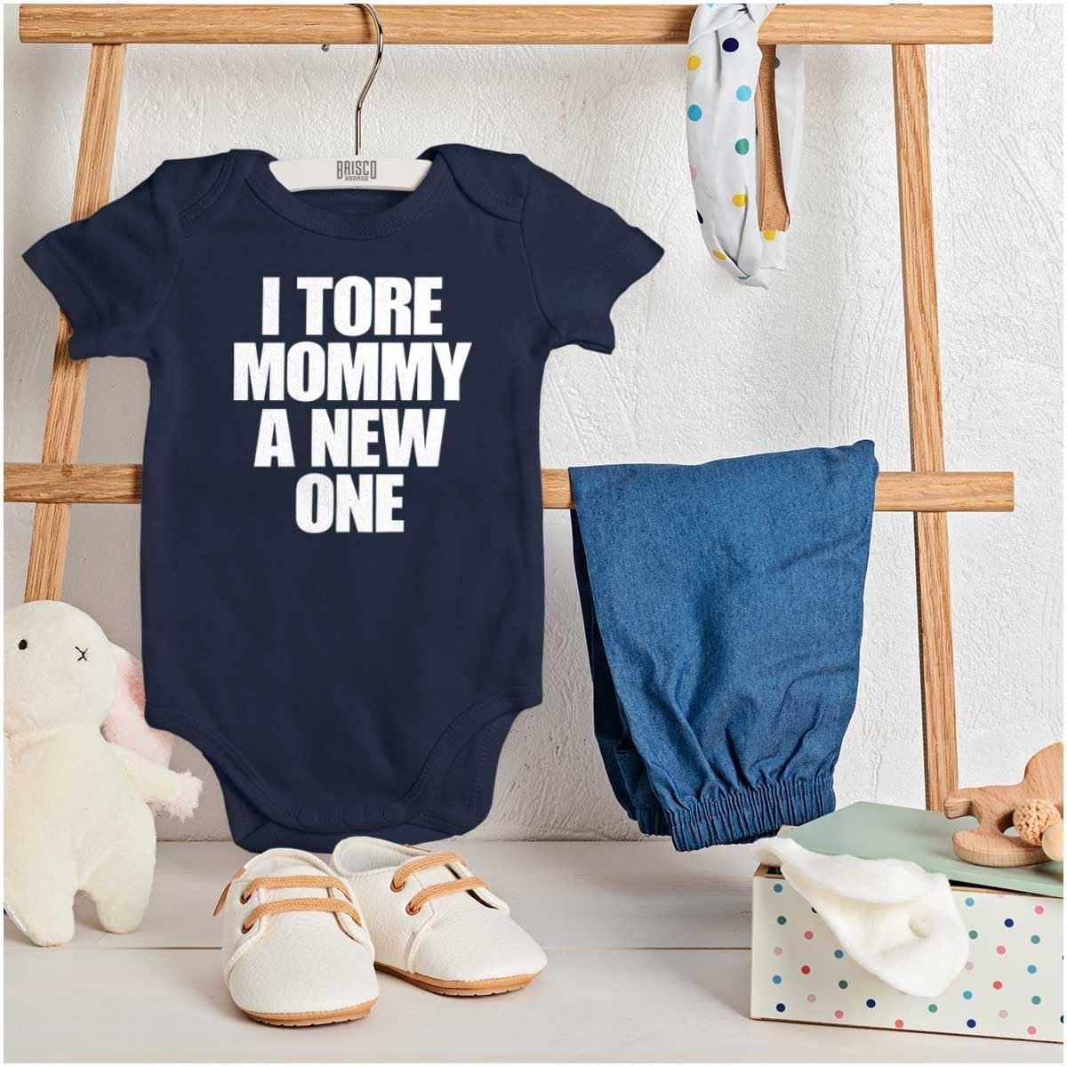 image:imageBrisco Brands Tore Mommy A New One Funny Humor Baby Romper Boys or GirlsNavy