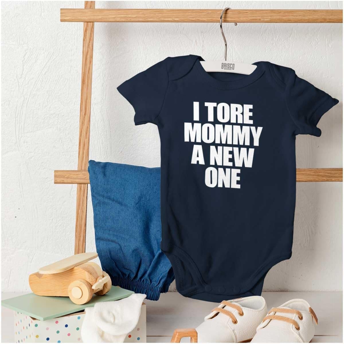 image:imageBrisco Brands Tore Mommy A New One Funny Humor Baby Romper Boys or GirlsNavy