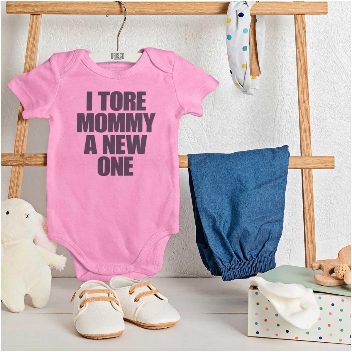 image:imageBrisco Brands Tore Mommy A New One Funny Humor Baby Romper Boys or GirlsPink