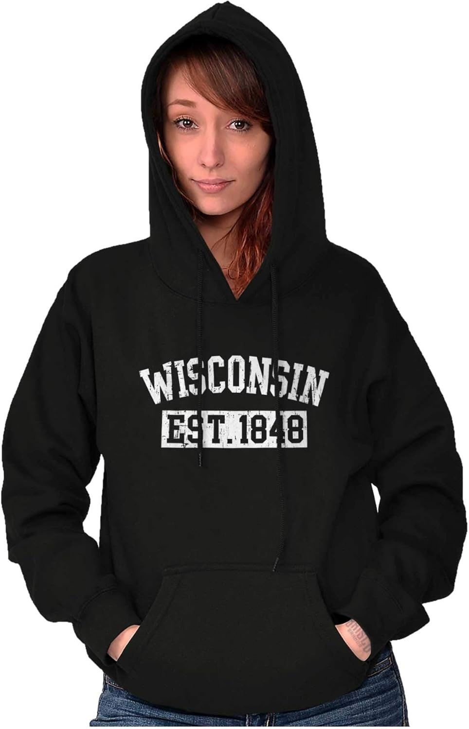 image:imageClassic Teaze Wisconsin Distressed Athletic State Hoodie Sweatshirt Women MenBlack