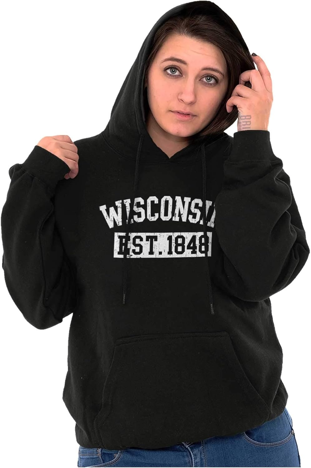 image:imageClassic Teaze Wisconsin Distressed Athletic State Hoodie Sweatshirt Women MenBlack