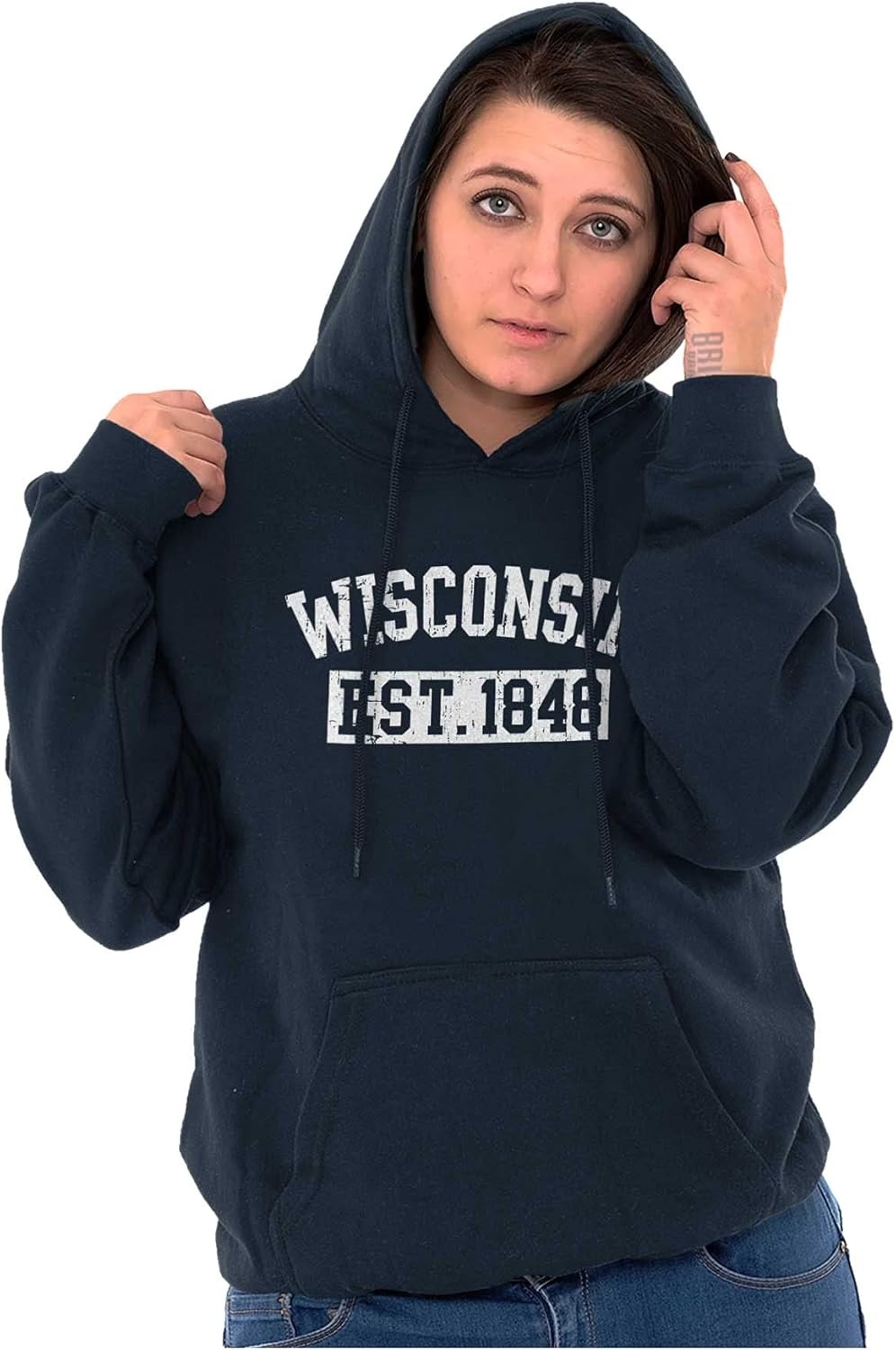 image:imageClassic Teaze Wisconsin Distressed Athletic State Hoodie Sweatshirt Women MenNavy