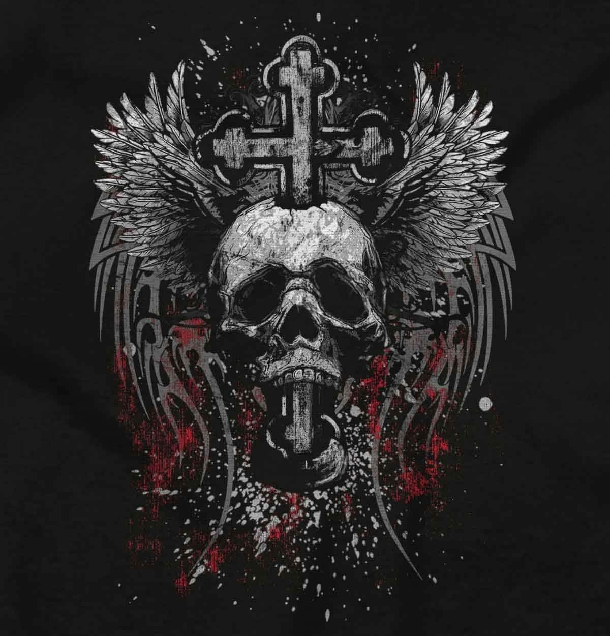 image:imageEdgy Dark Fallen Angel Skull Cross Mens Graphic T Shirt TeesBlack