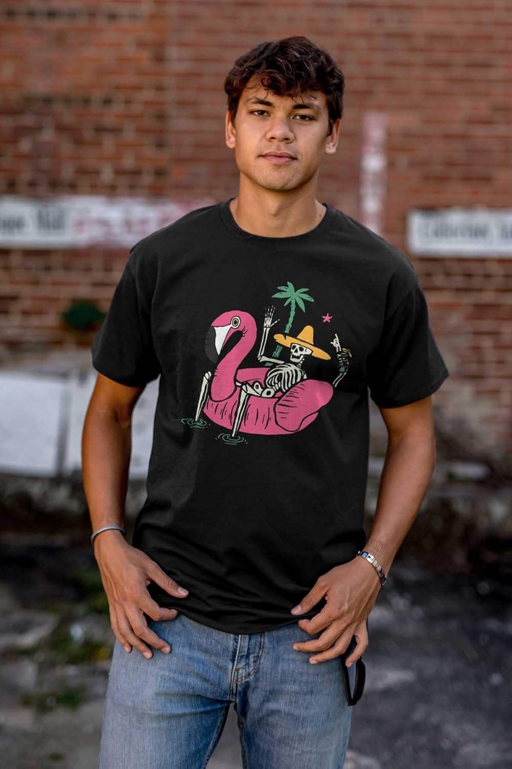 image:imageFunny Skeleton Flamingo Floatie Graphic T Shirt Men or WomenBlack
