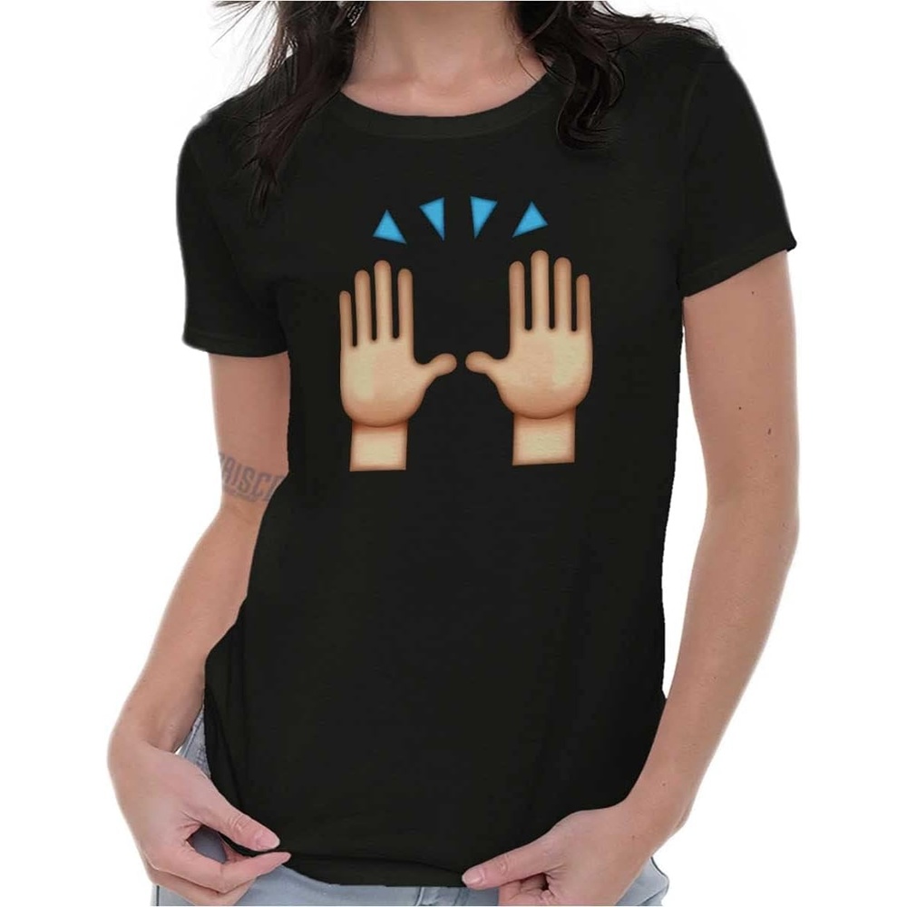 image:image100 Points Perfect Score Text Icon Womens Slim Fit Graphic TeeHands Up Emoticon  Black