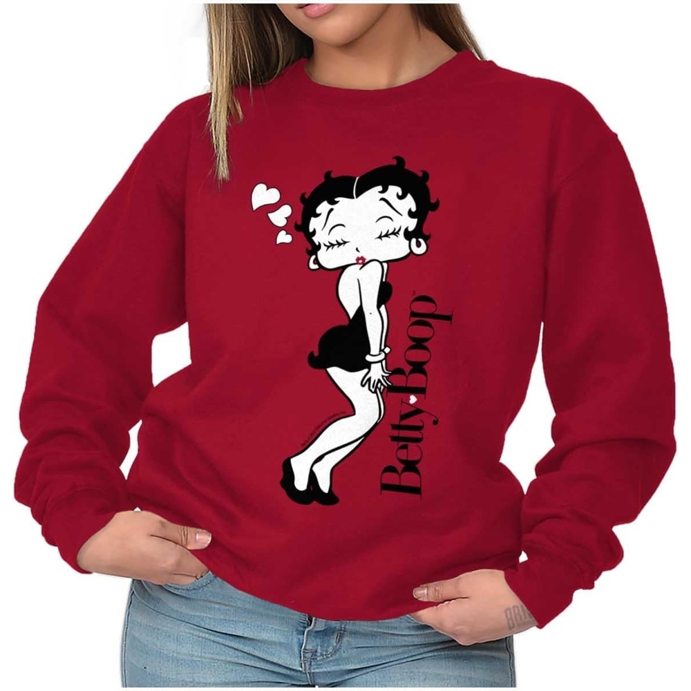 image:imageBrisco Brands Retro Betty Boop Cartoon Love Kisses Women Crewneck SweatshirtCardinal Red