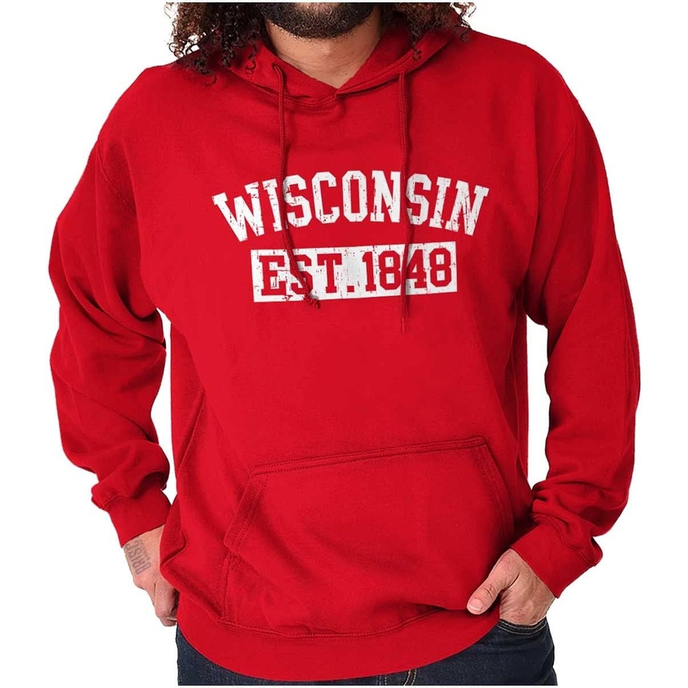 image:imageClassic Teaze Wisconsin Distressed Athletic State Hoodie Sweatshirt Women MenRed