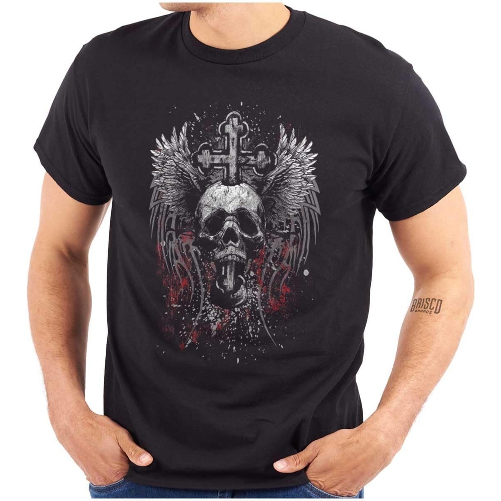 image:imageEdgy Dark Fallen Angel Skull Cross Mens Graphic T Shirt TeesBlack