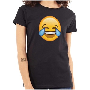 100 Points Perfect Score Text Icon Womens Slim Fit Graphic Tee(Laughing Crying Emoticon – Black)