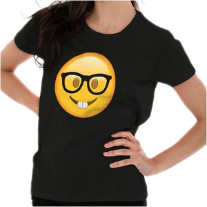 100 Points Perfect Score Text Icon Womens Slim Fit Graphic Tee(Nerd Emoticon – Black)