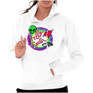 Brisco Brands Airbrushed Alien UFO Hello Earth Hoodie Sweatshirt Women(White)