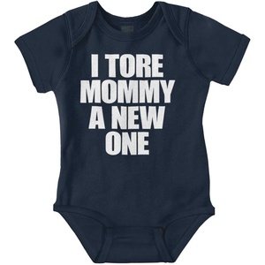 Brisco Brands Tore Mommy A New One Funny Humor Baby Romper Boys or Girls(Navy)