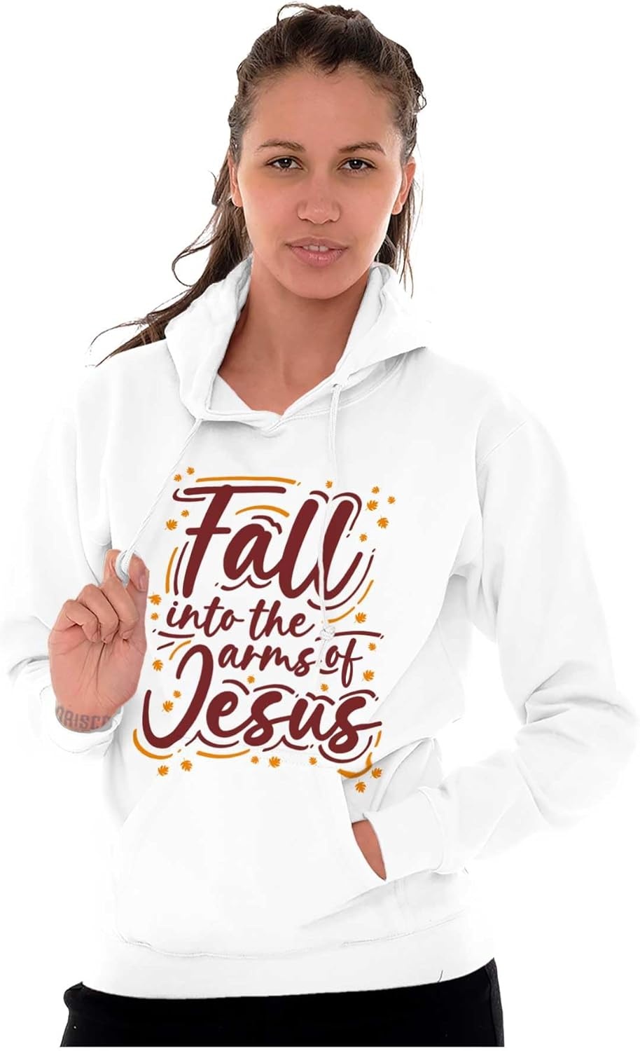 image:imageBrisco Brands Christian Fall Into The Arms of Jesus Hoodie Sweatshirt WomenWhite