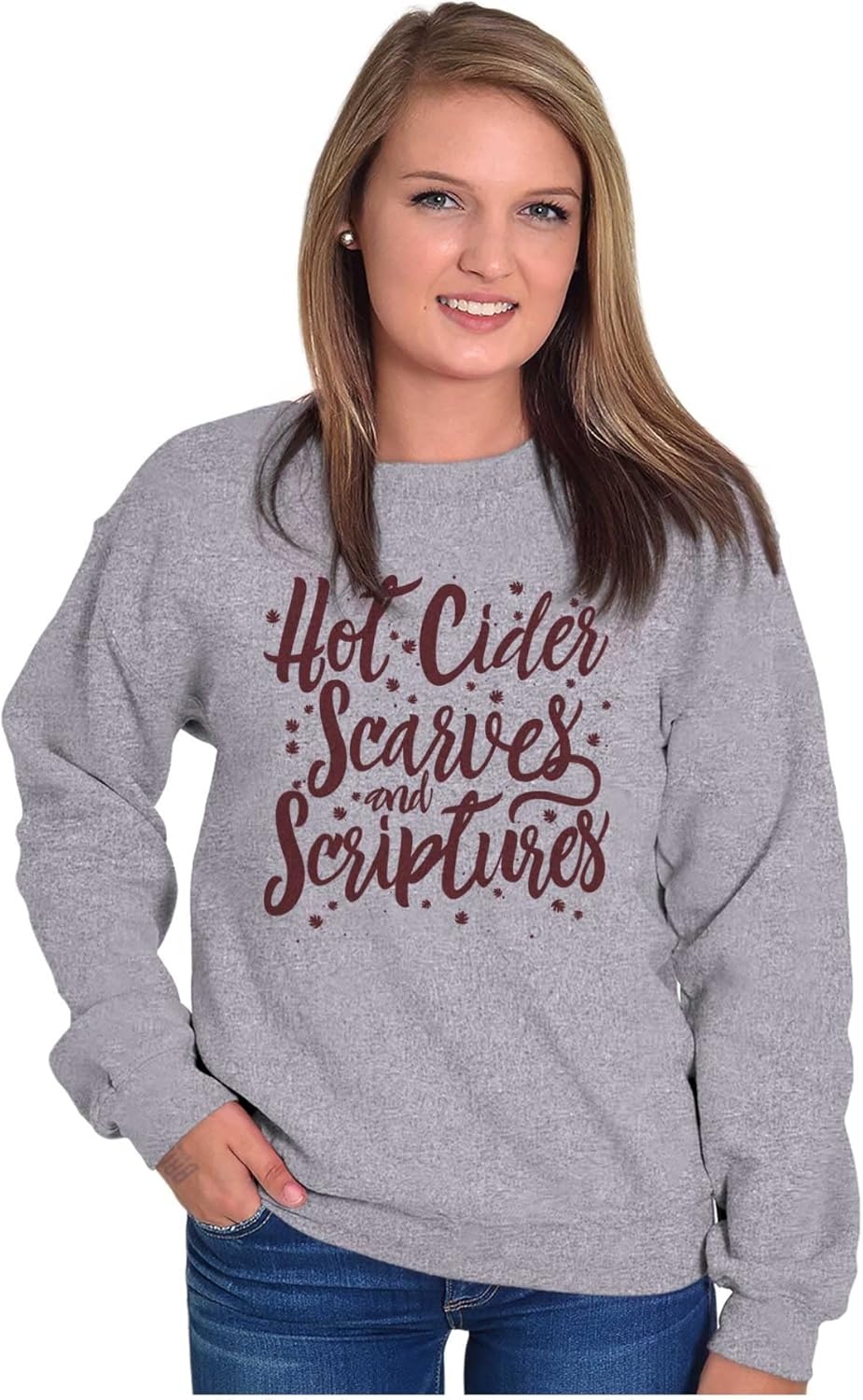 image:imageBrisco Brands Cider Scarves Scripture Christian Women Crewneck SweatshirtSport Grey