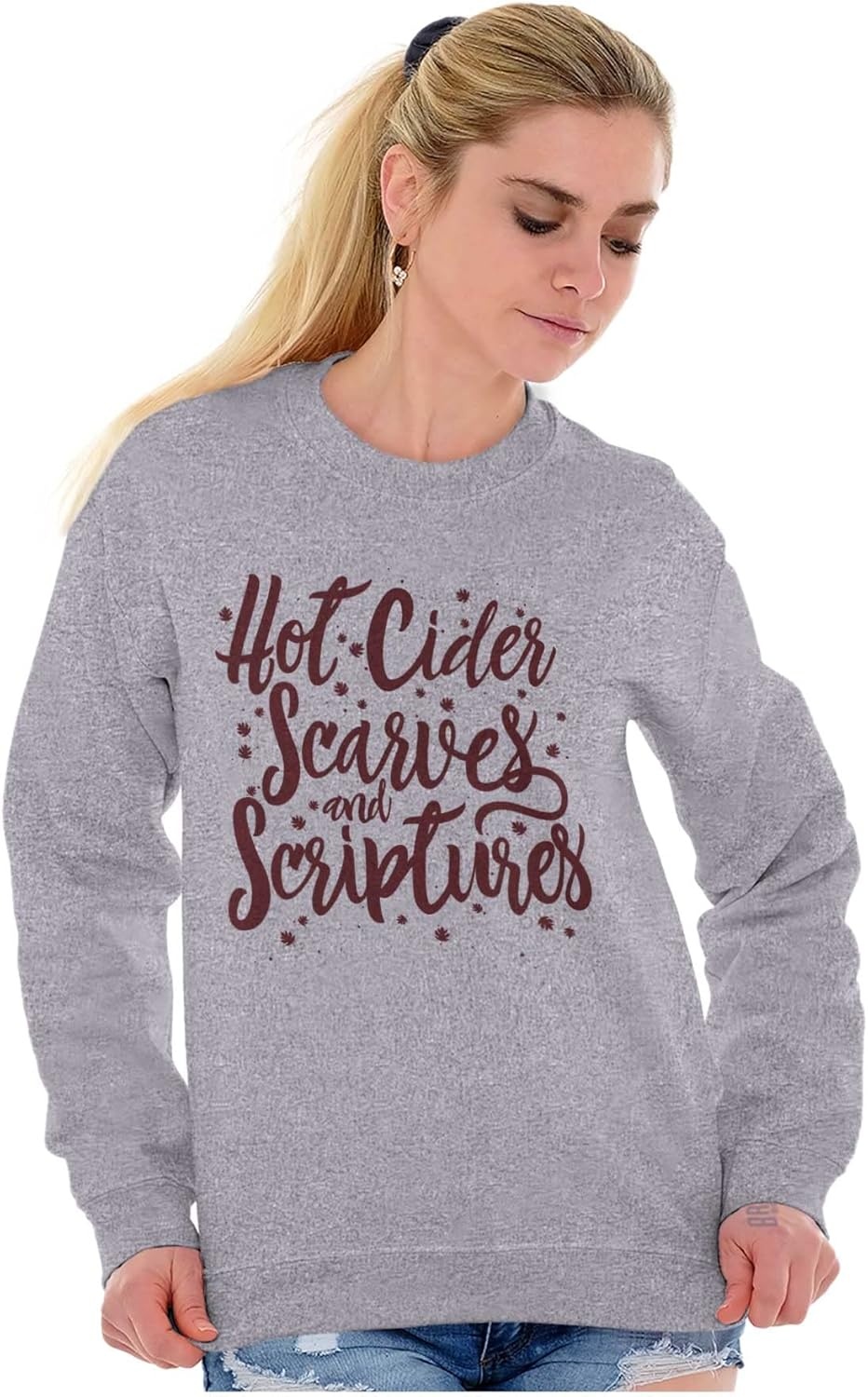 image:imageBrisco Brands Cider Scarves Scripture Christian Women Crewneck SweatshirtSport Grey