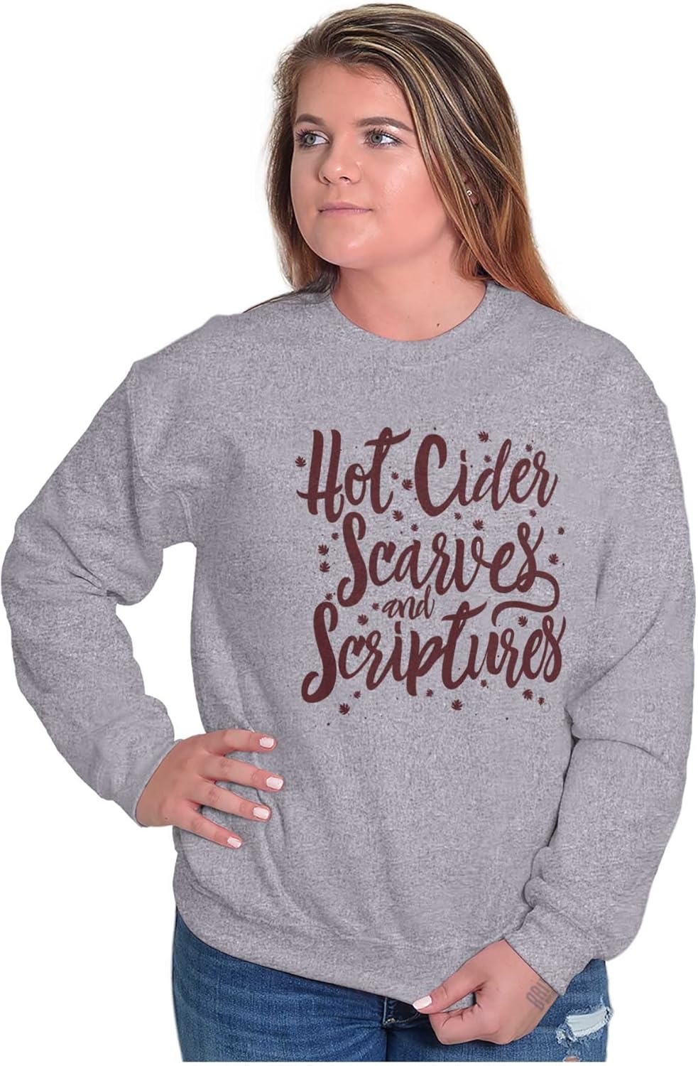 image:imageBrisco Brands Cider Scarves Scripture Christian Women Crewneck SweatshirtSport Grey