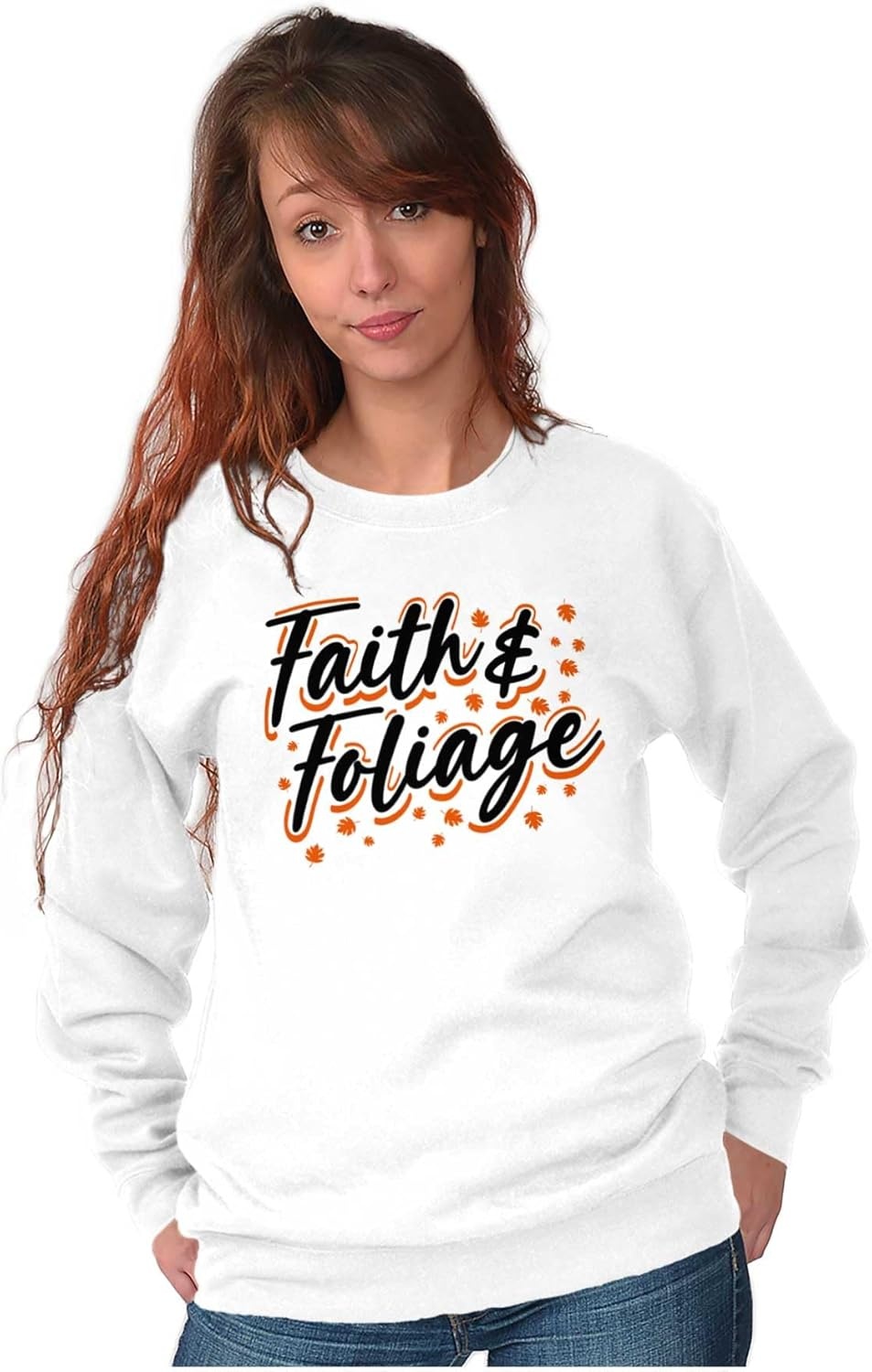 image:imageBrisco Brands Cute Fall Autumn Faith and Foliage Women Crewneck SweatshirtWhite