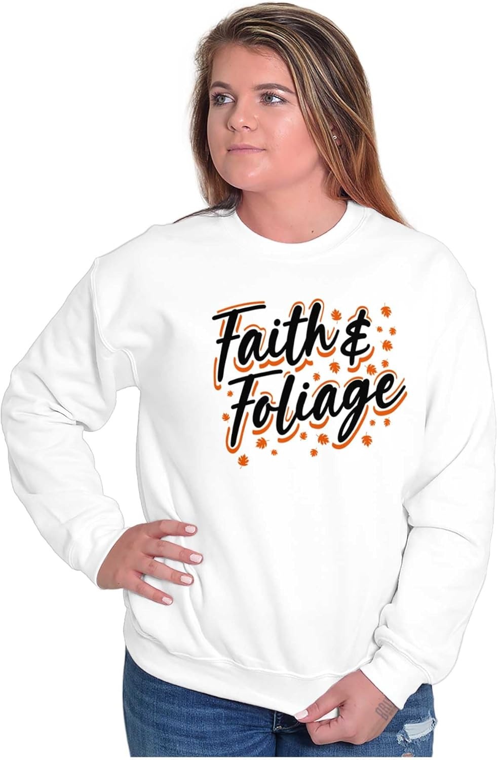image:imageBrisco Brands Cute Fall Autumn Faith and Foliage Women Crewneck SweatshirtWhite