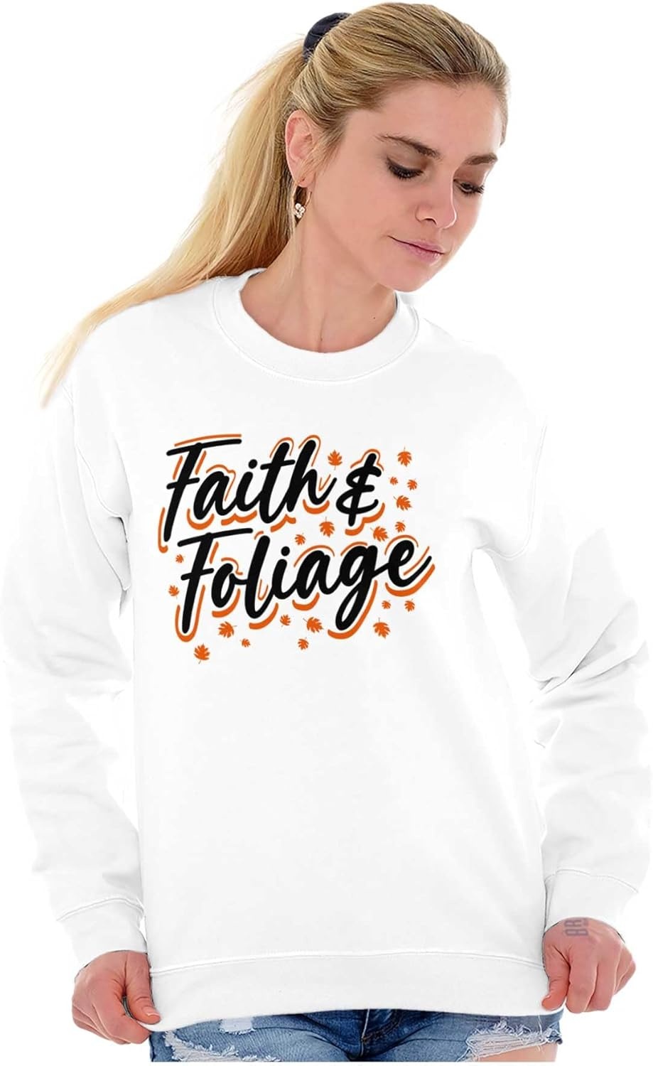 image:imageBrisco Brands Cute Fall Autumn Faith and Foliage Women Crewneck SweatshirtWhite