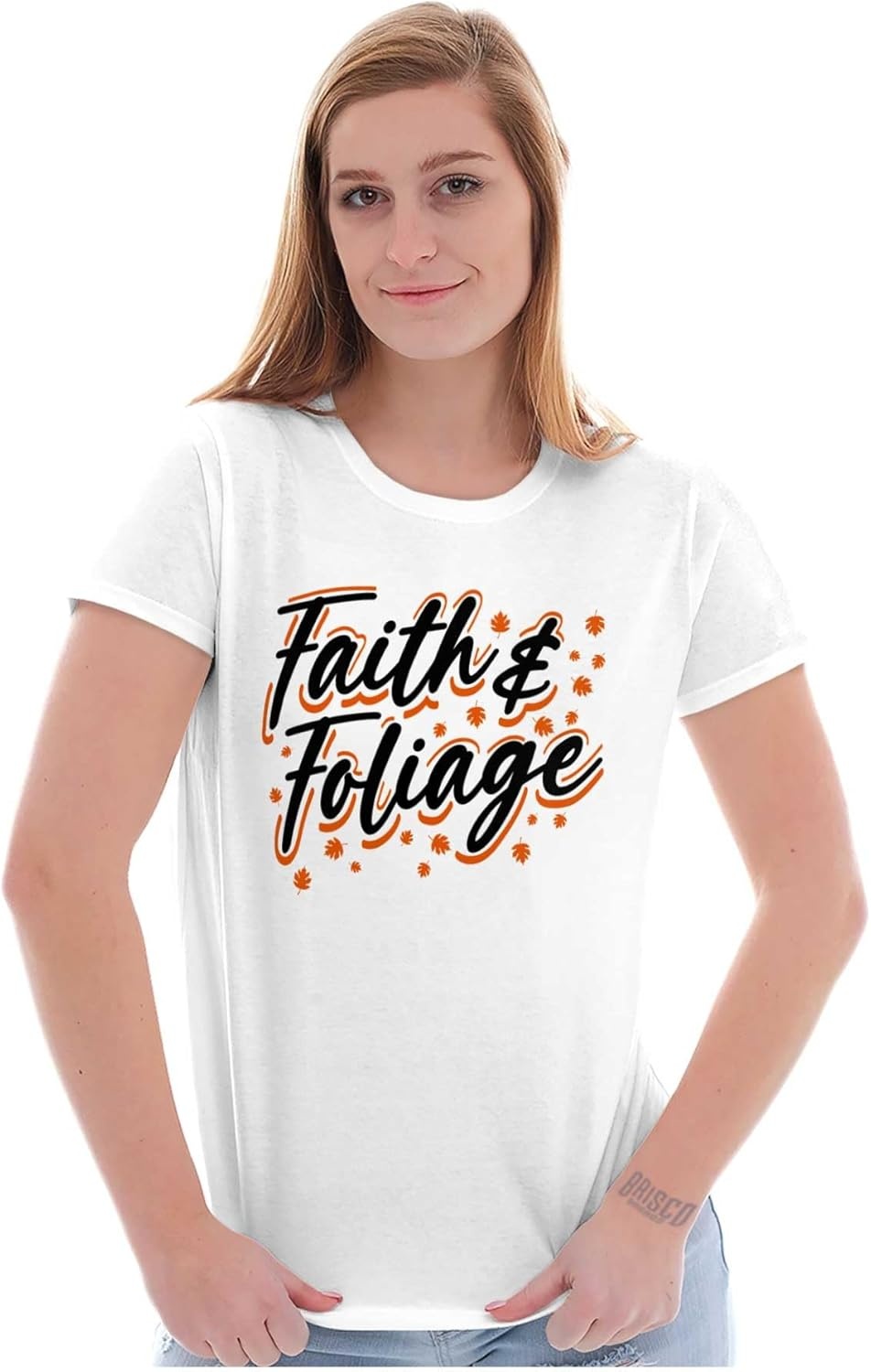 image:imageBrisco Brands Cute Fall Autumn Faith and Foliage Womens Slim Fit Graphic TeeWhite