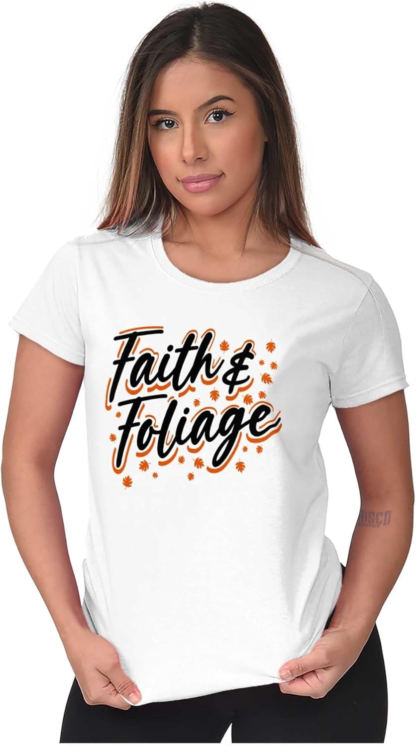 image:imageBrisco Brands Cute Fall Autumn Faith and Foliage Womens Slim Fit Graphic TeeWhite