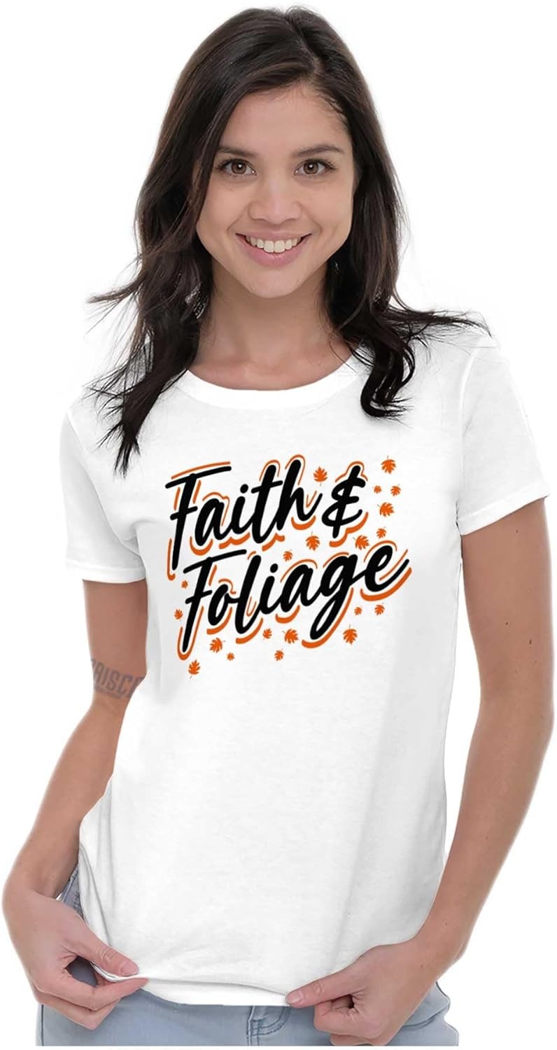 image:imageBrisco Brands Cute Fall Autumn Faith and Foliage Womens Slim Fit Graphic TeeWhite